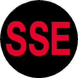 Short Service Employee (SSE) Hard Hat Sticker - Red Text on Black Background - 1.5 inch diameter