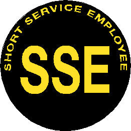 Short Service Employee (SSE) Hard Hat Sticker - Yellow Text on Black Background - 1.5 inch diameter