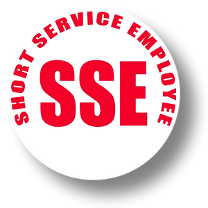 Reflective Short Service Employee (SSE) Hard Hat Sticker - Red Text on White Background - 1.5 inch diameter