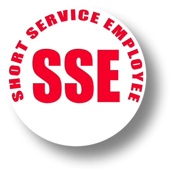Reflective Short Service Employee (SSE) Hard Hat Sticker - Red Text on White Background - 2 inch diameter