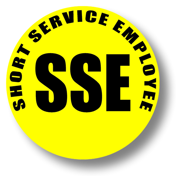 Reflective Short Service Employee (SSE) Hard Hat Sticker - Black Text on Yellow Background - 1.5 inch diameter