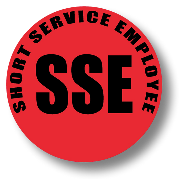 Short Service Employee (SSE) Hard Hat Sticker - Black Text on Red Background - 2 inch diameter