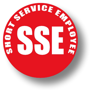Short Service Employee (SSE) Hard Hat Sticker - White Text on Red Background - 2 inch diameter