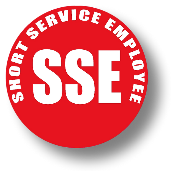 Short Service Employee (SSE) Hard Hat Sticker - White Text on Red Background - 1.5 inch diameter