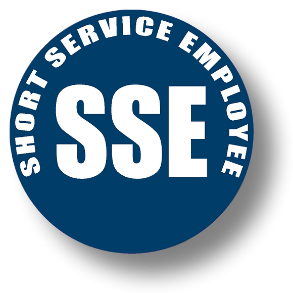 Short Service Employee (SSE) Hard Hat Sticker - White Text on Blue Background - 2 inch diameter