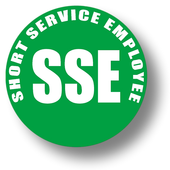 Short Service Employee (SSE) Hard Hat Sticker - White Text on Green Background - 2 inch diameter