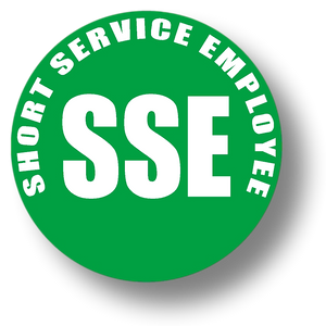 Reflective Short Service Employee (SSE) Hard Hat Sticker - White Text on Green Background - 2 inch diameter