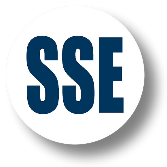 Short Service Employee (SSE) Hard Hat Sticker - Blue Text on White Background - 2 inch diameter