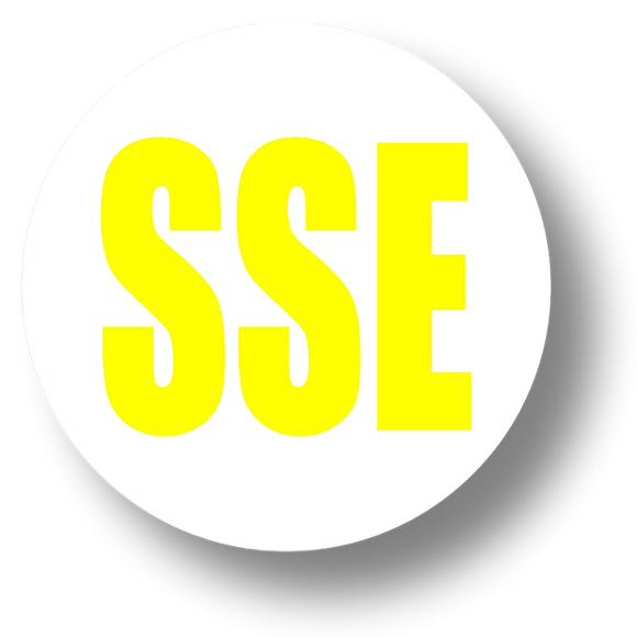 Short Service Employee (SSE) Hard Hat Sticker - Yellow Text on White Background - 1.5 inch diameter