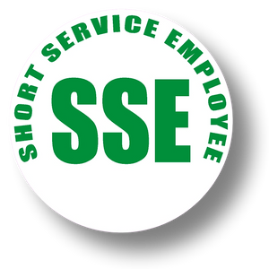 Short Service Employee (SSE) Hard Hat Sticker - Green Text on White Background - 1.5 inch diameter