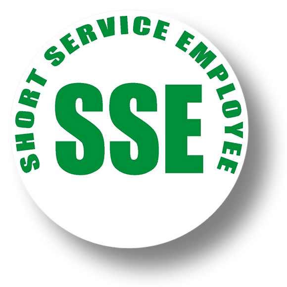 Short Service Employee (SSE) Hard Hat Sticker - Green Text on White Background - 1.5 inch diameter