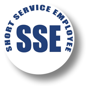 Short Service Employee (SSE) Hard Hat Sticker - Blue Text on White Background - 1.5 inch diameter