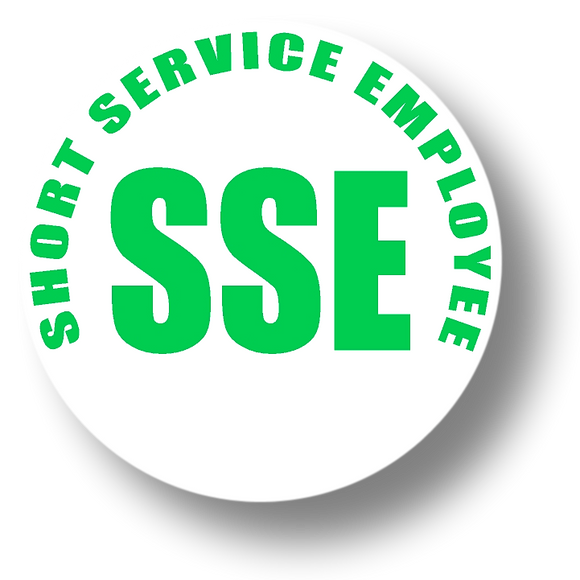 Reflective Short Service Employee (SSE) Hard Hat Sticker - Green Text on White Background - 1.5 inch diameter